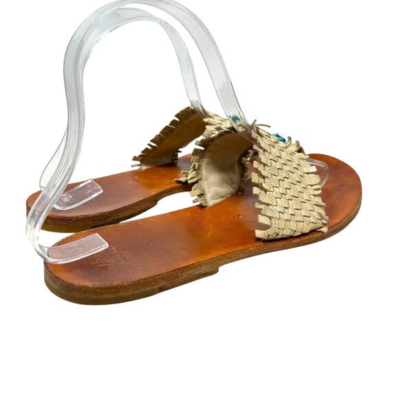 Henry Cuir Slide Sandals Leather‎ Woven Rattan Beaded Tan Brown Size 38 US 8 - Picture 7 of 13